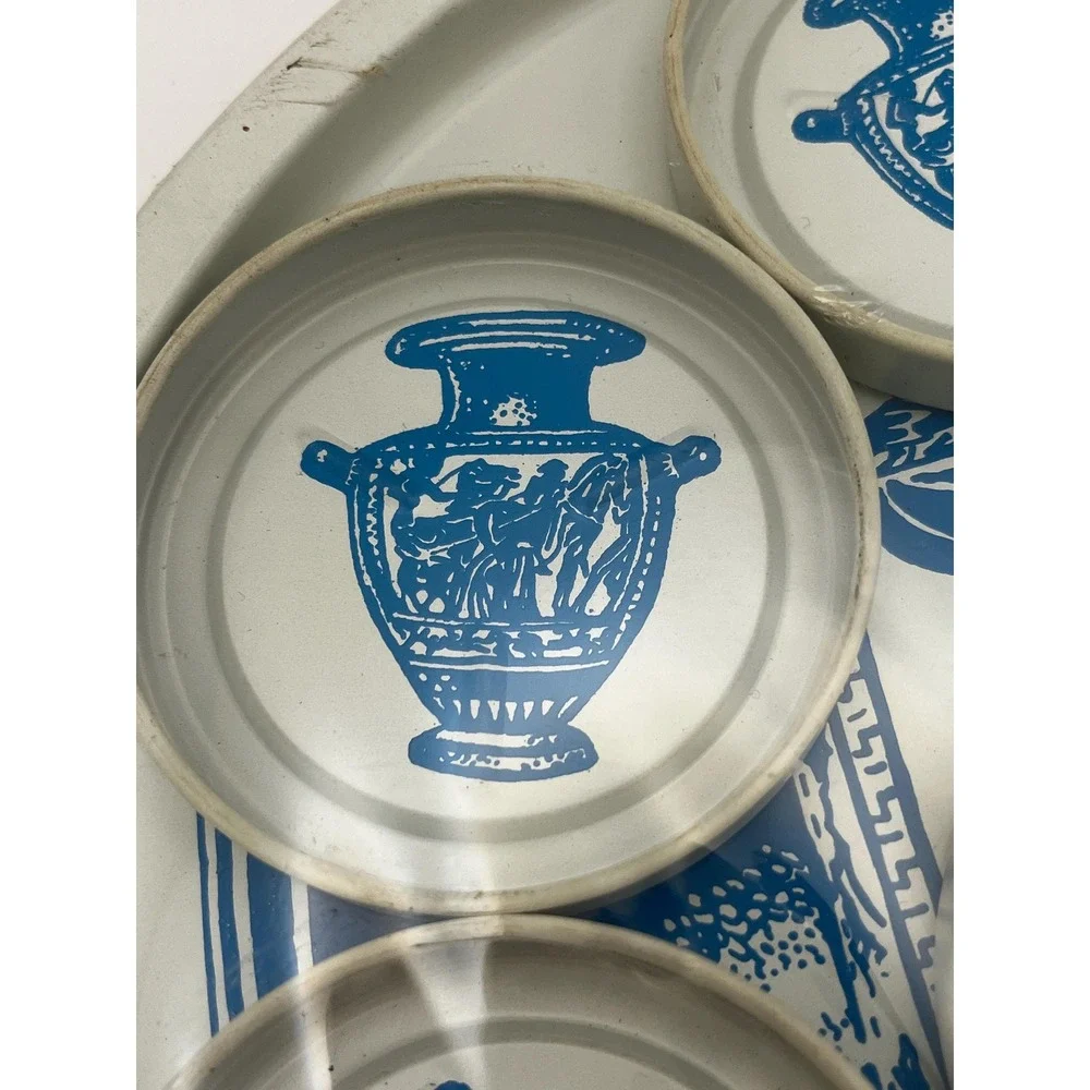 Vintage MCM National Toleware Set Blue & White Coaster and Serving Tray Set